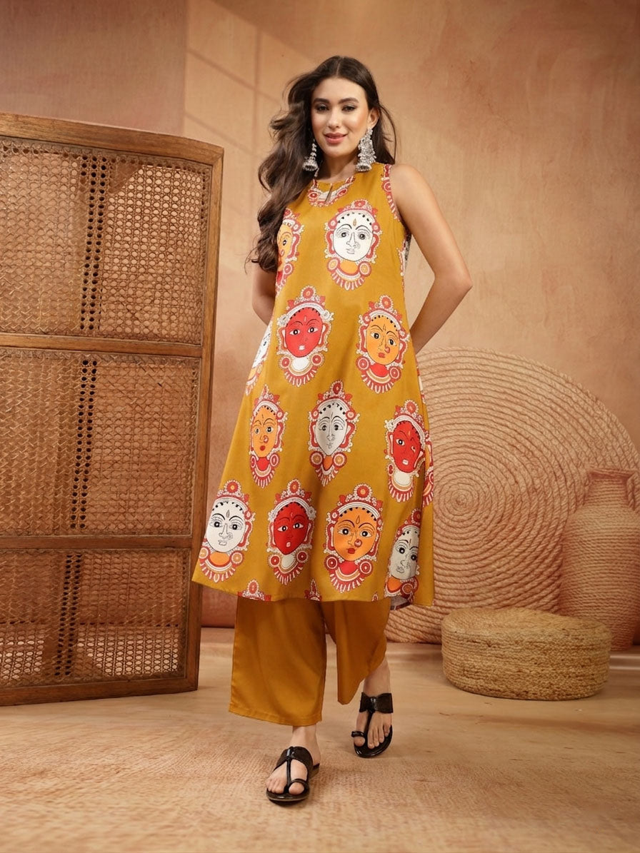 Women's Mustard Kalamkari Face Printed Rayon A-Line Kurta Palazzo Set 