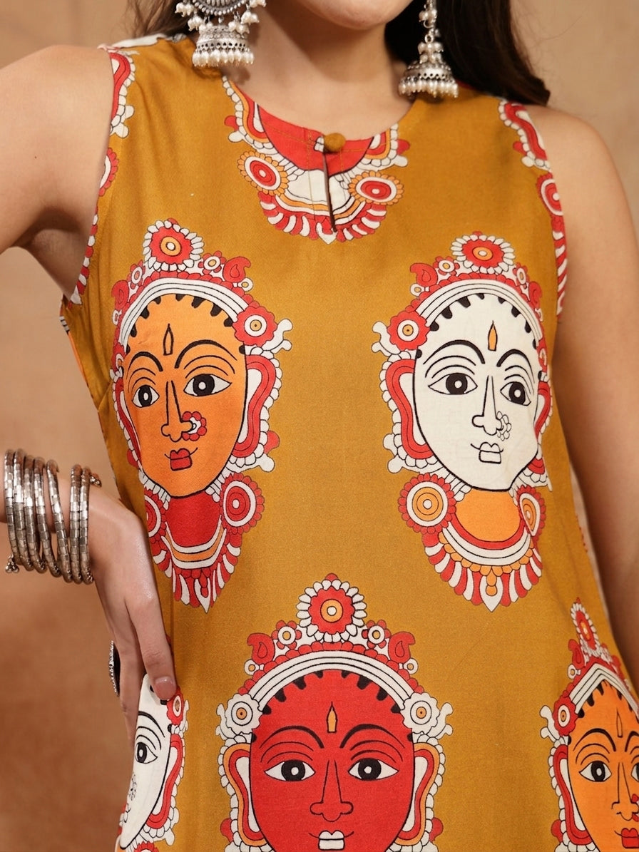 Women's Mustard Kalamkari Face Printed Rayon A-Line Kurta Palazzo Set 