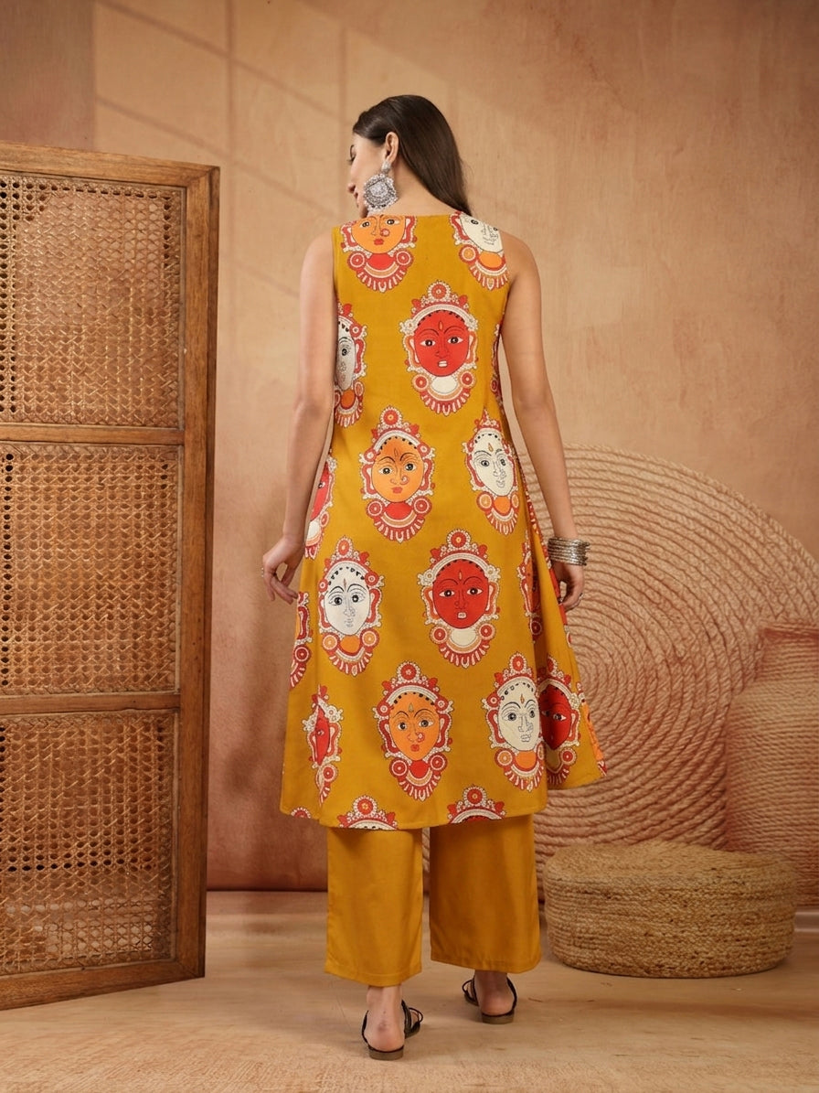 Women's Mustard Kalamkari Face Printed Rayon A-Line Kurta Palazzo Set 