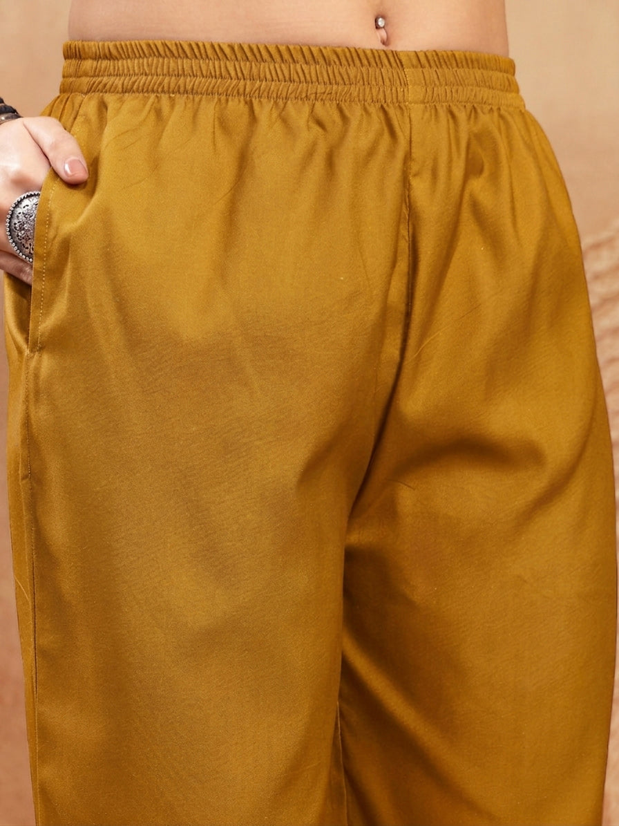 Women's Mustard Kalamkari Face Printed Rayon A-Line Kurta Palazzo Set 