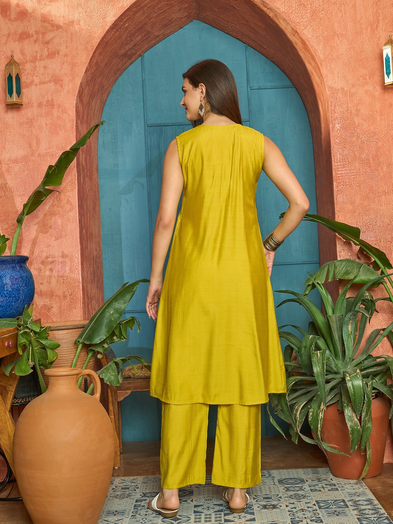 Women's Mustard Solid & Embroidered Poly Silk A-Line Kurta Pant Set (K