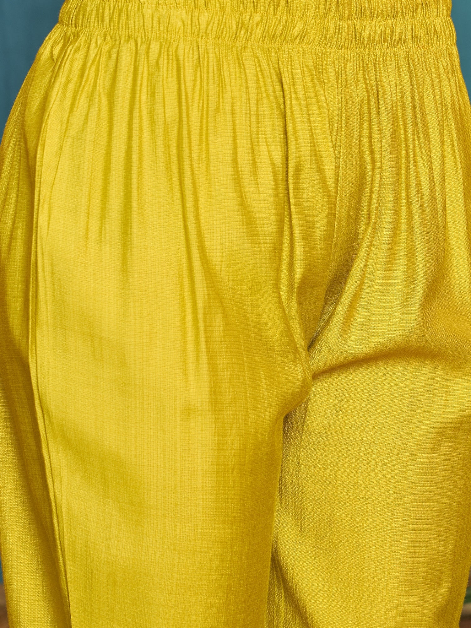 Women's Mustard Solid & Embroidered Poly Silk A-Line Kurta Pant Set (K