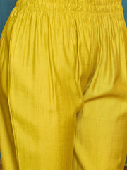 Stylum Women's Mustard Solid & Embroidered Poly Silk A-Line Kurta Pant Set (KPMUSTDHANI)