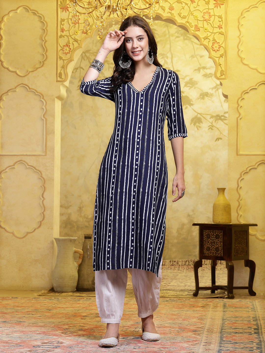 Women's Navy Blue Printed Rayon Straight Kurta Pant Set (KPNAVYROBOT) 
