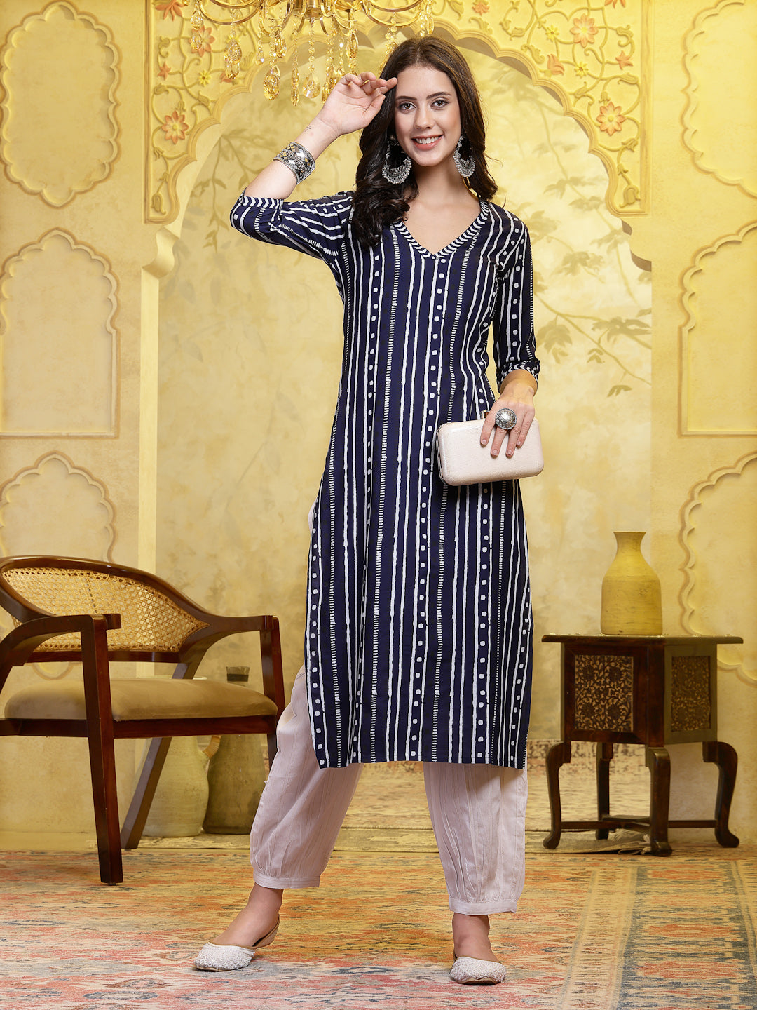 Women's Navy Blue Printed Rayon Straight Kurta Pant Set (KPNAVYROBOT) 