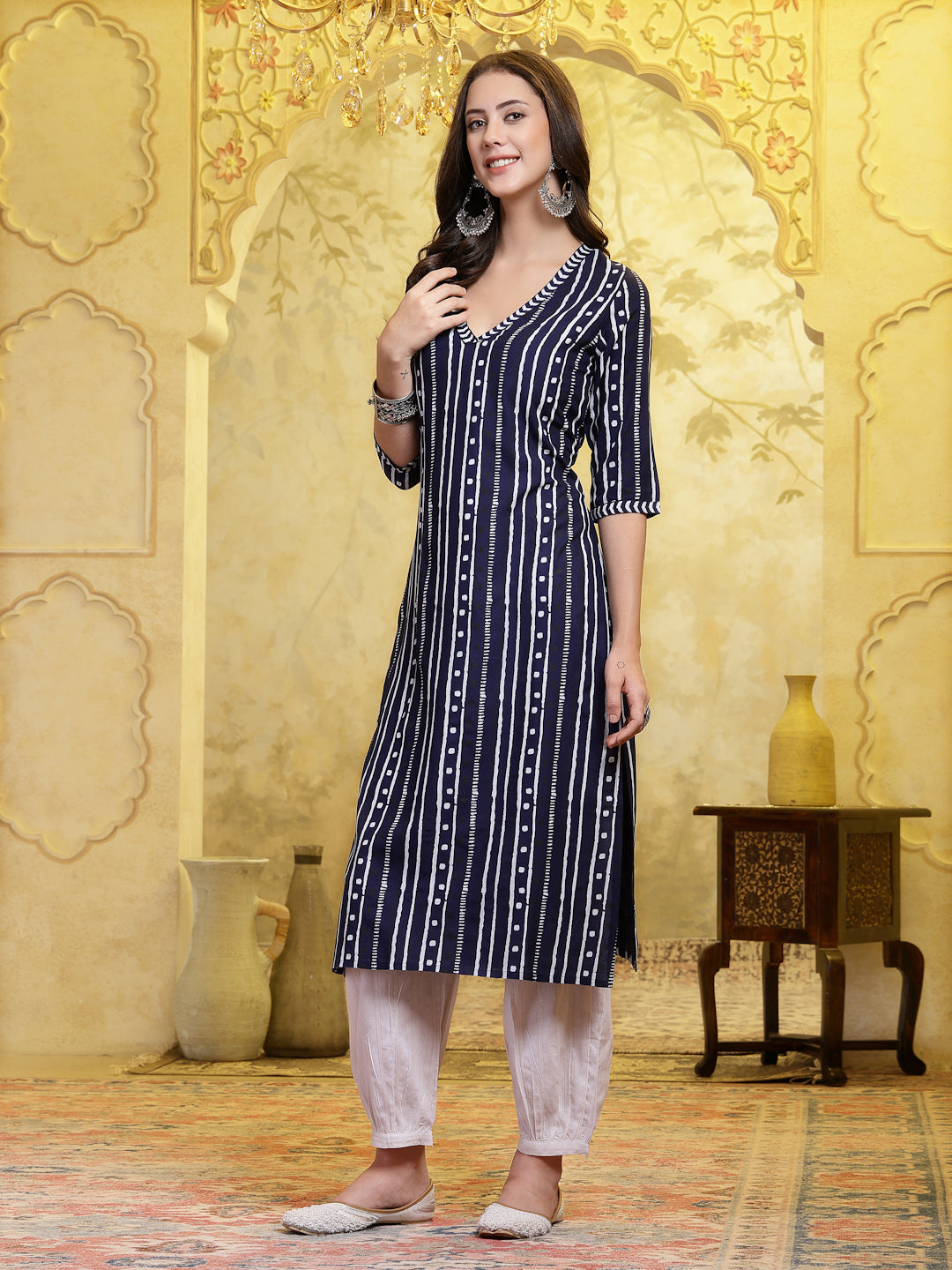 Women's Navy Blue Printed Rayon Straight Kurta Pant Set (KPNAVYROBOT) 