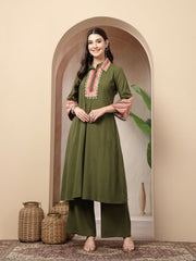 Stylum Women's Olive Solid & Embroidered Rayon A-Line Kurta Pant Set (KPOLIVEIDAL)