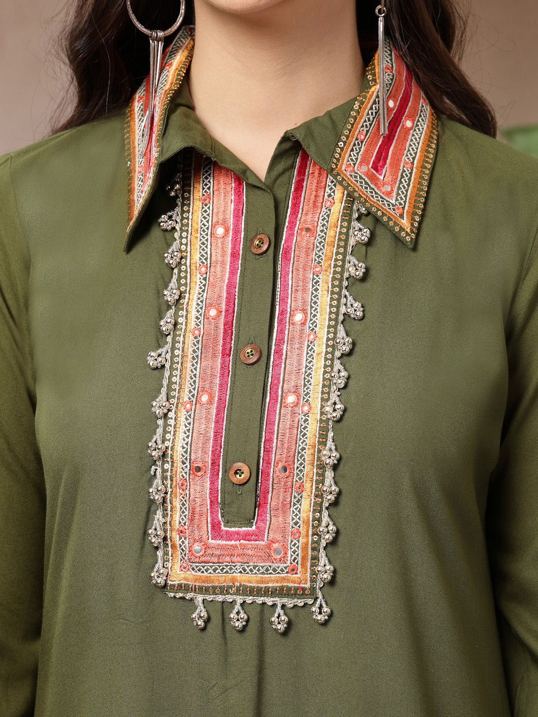 Women's Olive Solid & Embroidered Rayon A-Line Kurta Pant Set (KPOLIVE