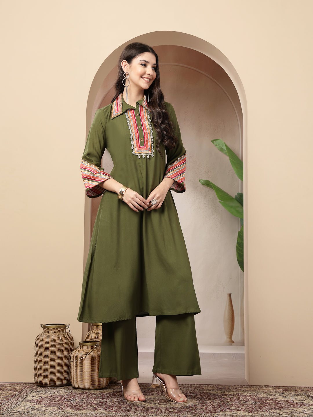 Women's Olive Solid & Embroidered Rayon A-Line Kurta Pant Set (KPOLIVE