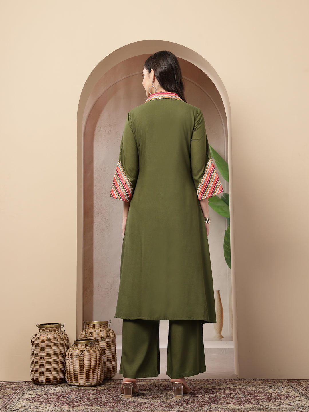 Women's Olive Solid & Embroidered Rayon A-Line Kurta Pant Set (KPOLIVE