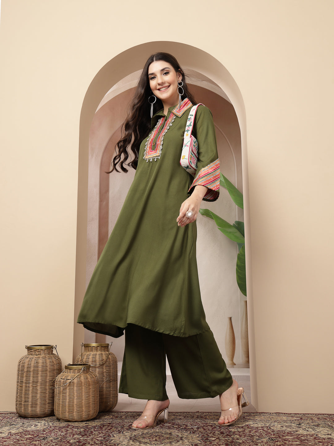 Women's Olive Solid & Embroidered Rayon A-Line Kurta Pant Set (KPOLIVE