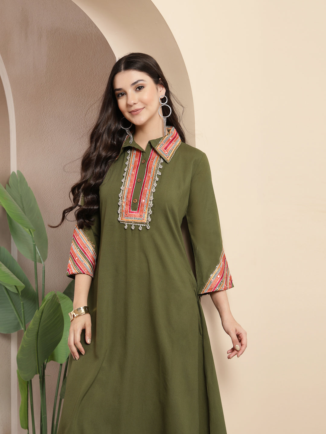 Women's Olive Solid & Embroidered Rayon A-Line Kurta Pant Set (KPOLIVE