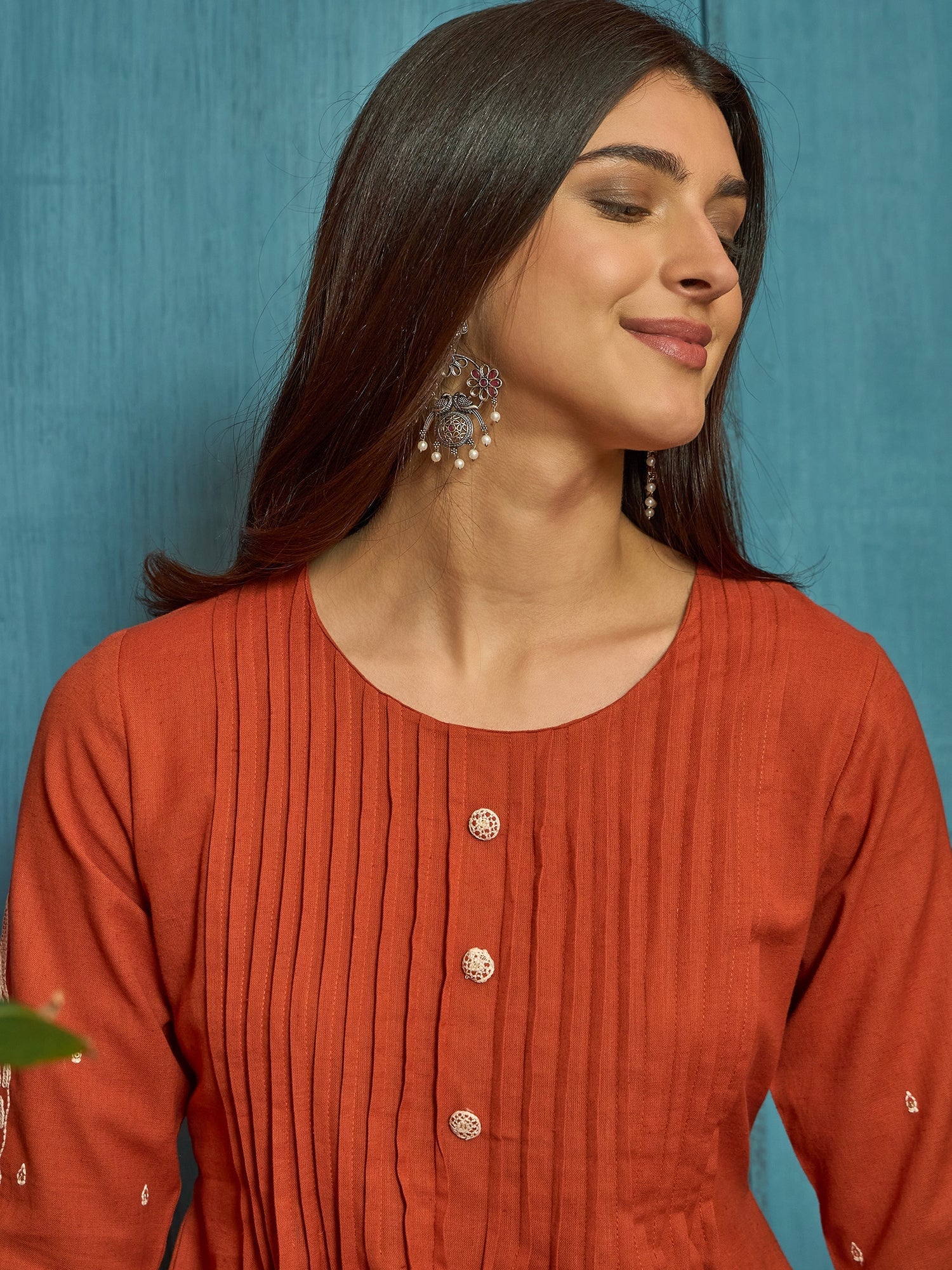 Women's Orange Solid & Embroidered Cotton A-Line Kurta Pant Set (KPORA