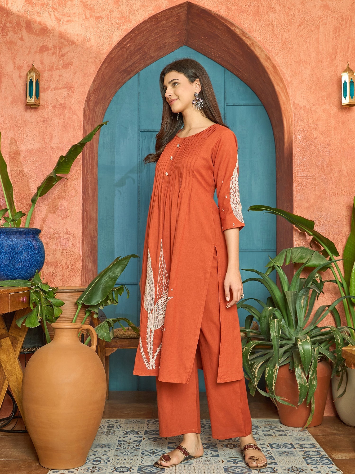 Women's Orange Solid & Embroidered Cotton A-Line Kurta Pant Set (KPORA