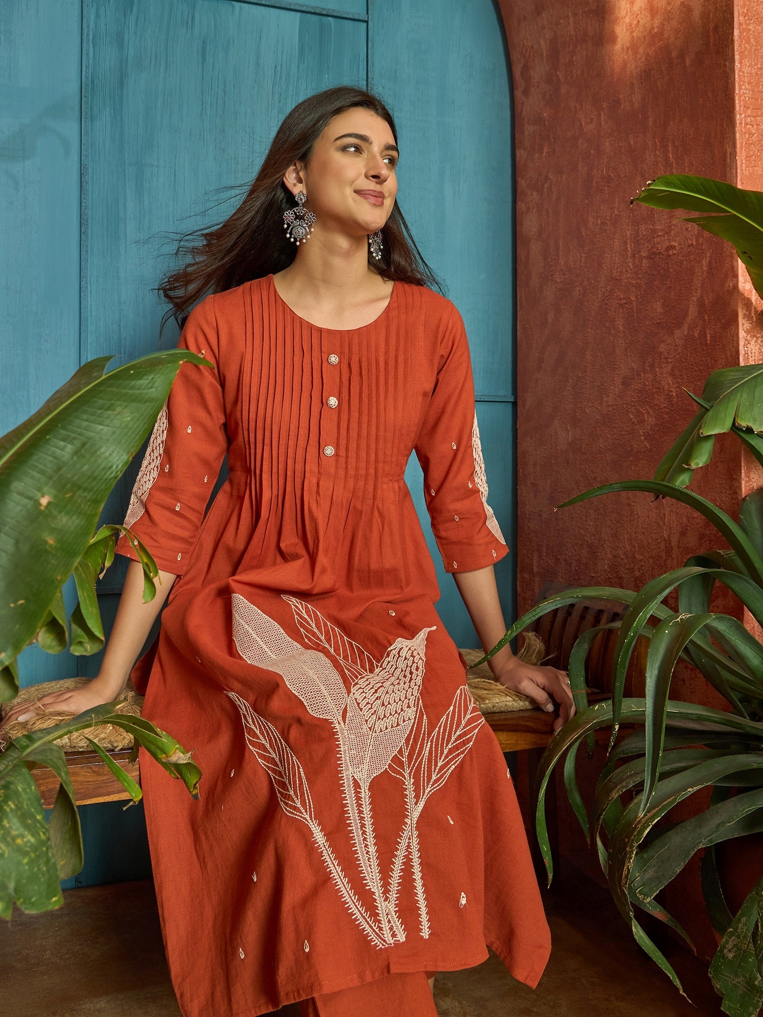 Women's Orange Solid & Embroidered Cotton A-Line Kurta Pant Set (KPORA