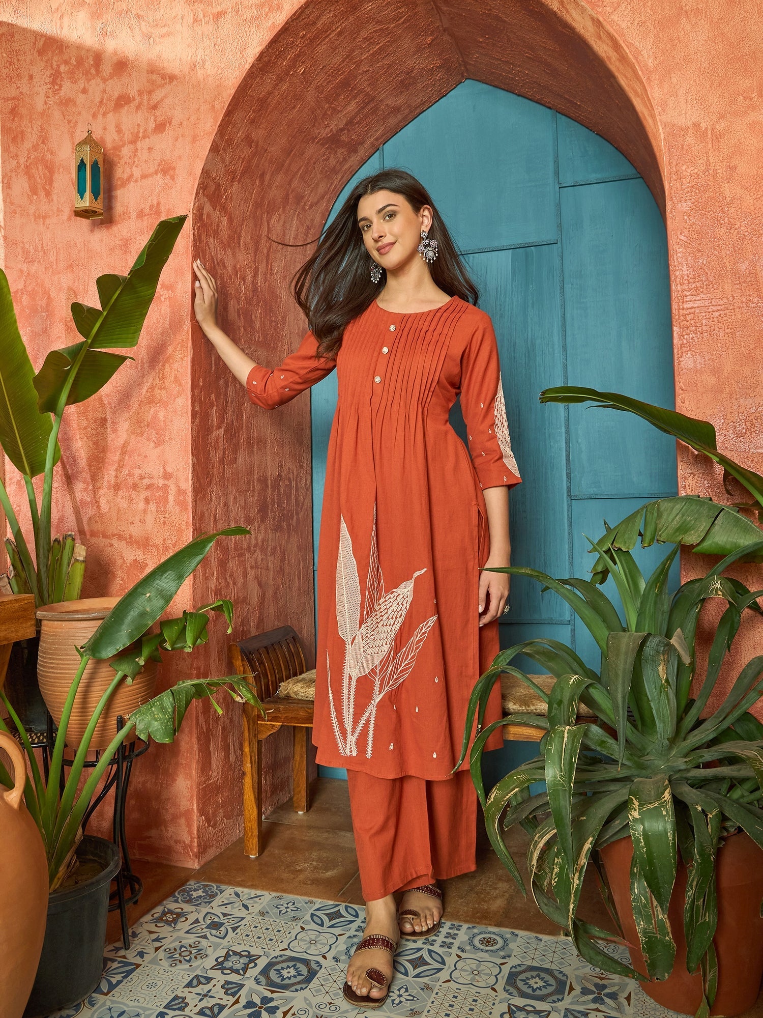 Women's Orange Solid & Embroidered Cotton A-Line Kurta Pant Set (KPORA