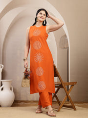 Stylum Women's Orange Solid & Embroidered Rayon Straight Kurta Pant Set (KPORANGEKUFRI)