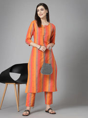 Women's Woven Design Cotton Blend Straight Kurta Pant Set-KPORANGEOREO