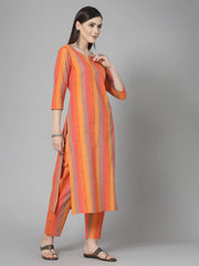 Women's Woven Design Cotton Blend Straight Kurta Pant Set-KPORANGEOREO