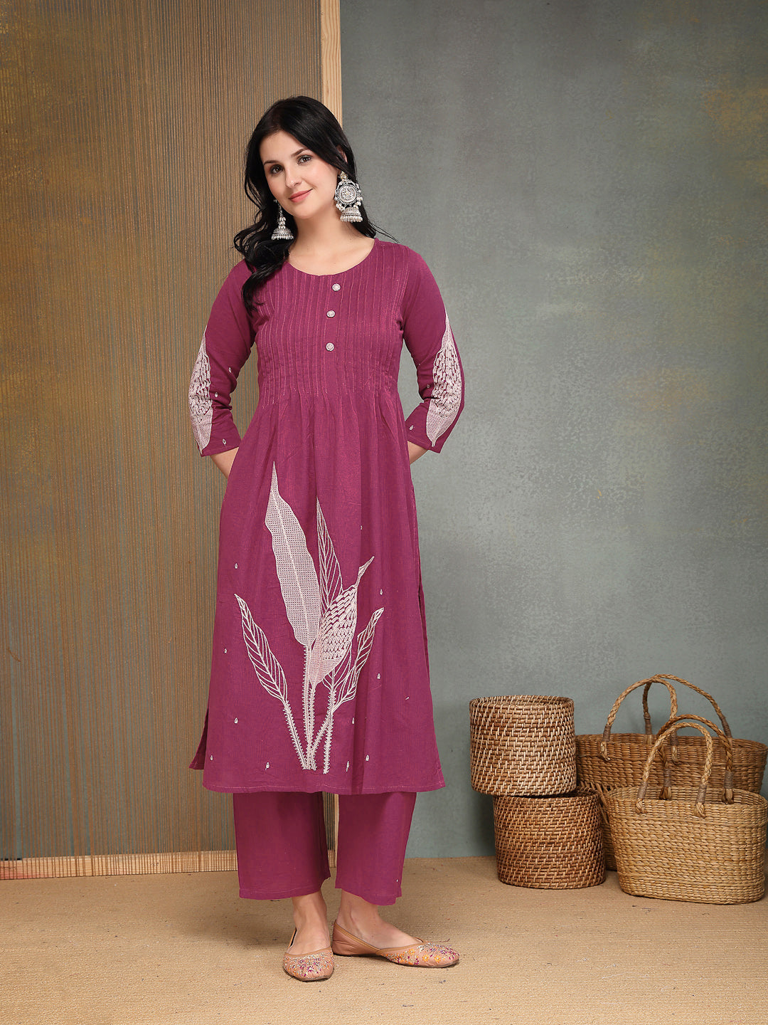 Women's Pink Solid & Embroidered Cotton A-Line Kurta Pant Set (KPPINKB