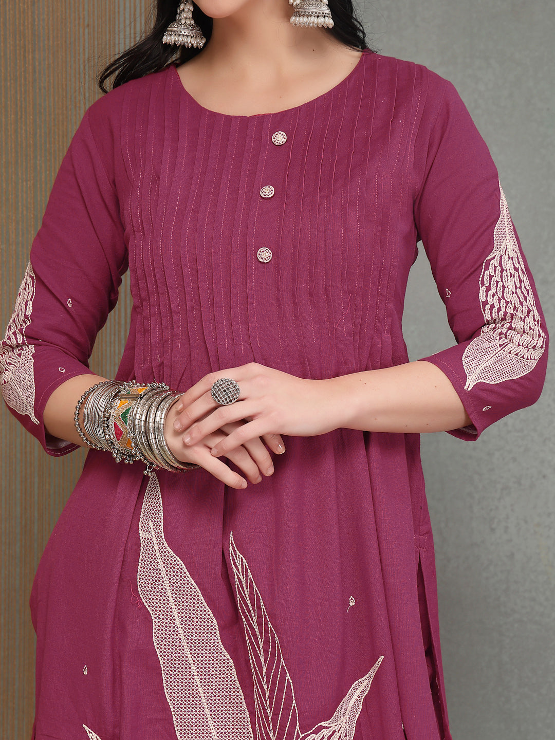 Women's Pink Solid & Embroidered Cotton A-Line Kurta Pant Set (KPPINKB