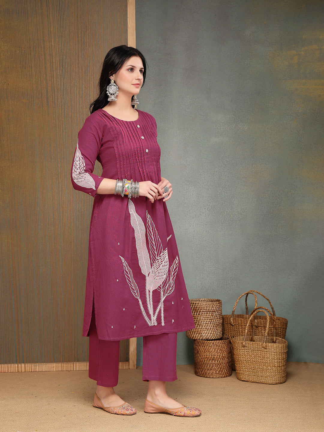 Women's Pink Solid & Embroidered Cotton A-Line Kurta Pant Set (KPPINKB