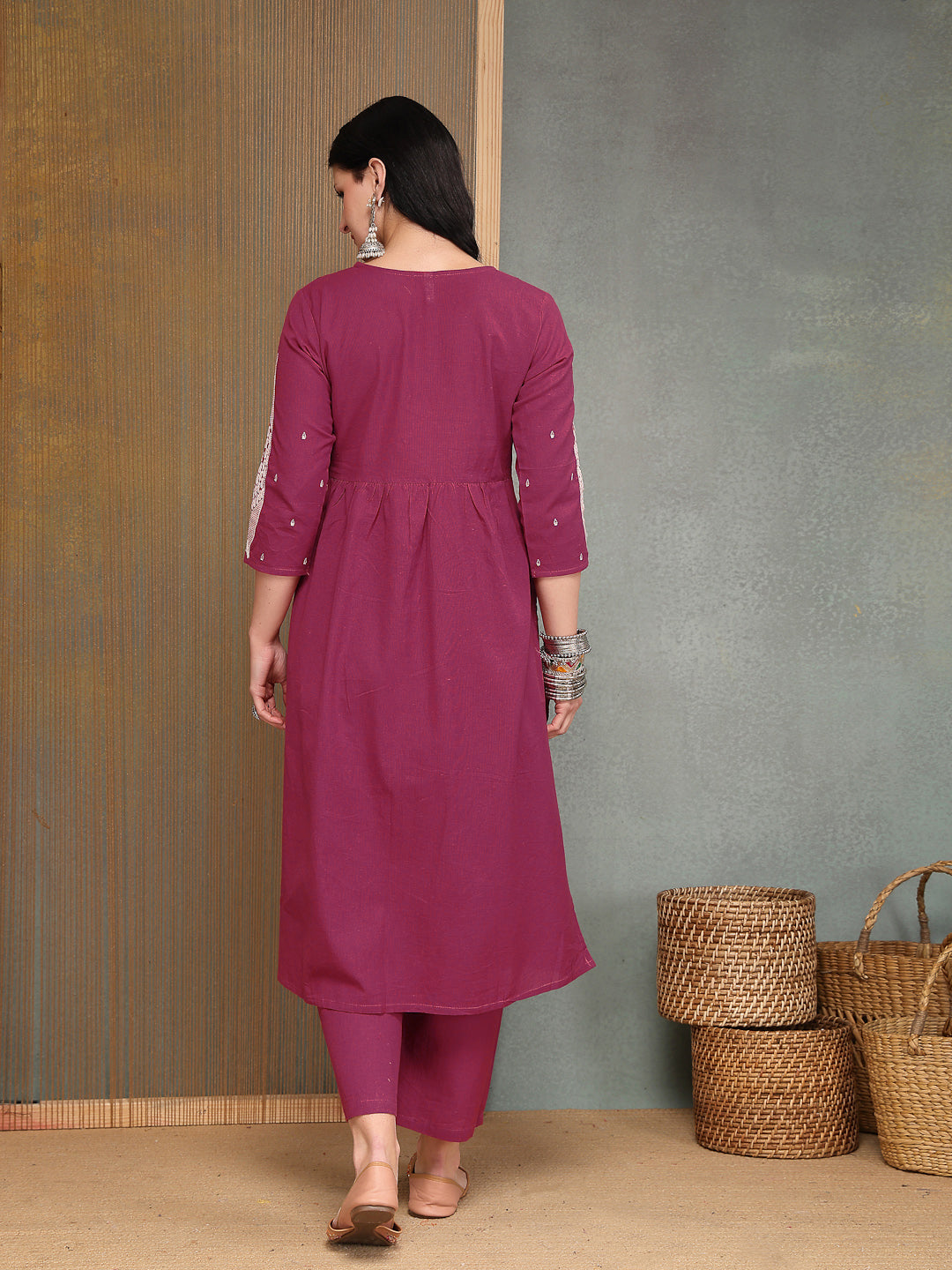 Women's Pink Solid & Embroidered Cotton A-Line Kurta Pant Set (KPPINKB