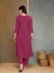 Stylum Women's Pink Solid & Embroidered Cotton A-Line Kurta Pant Set (KPPINKBOOM)