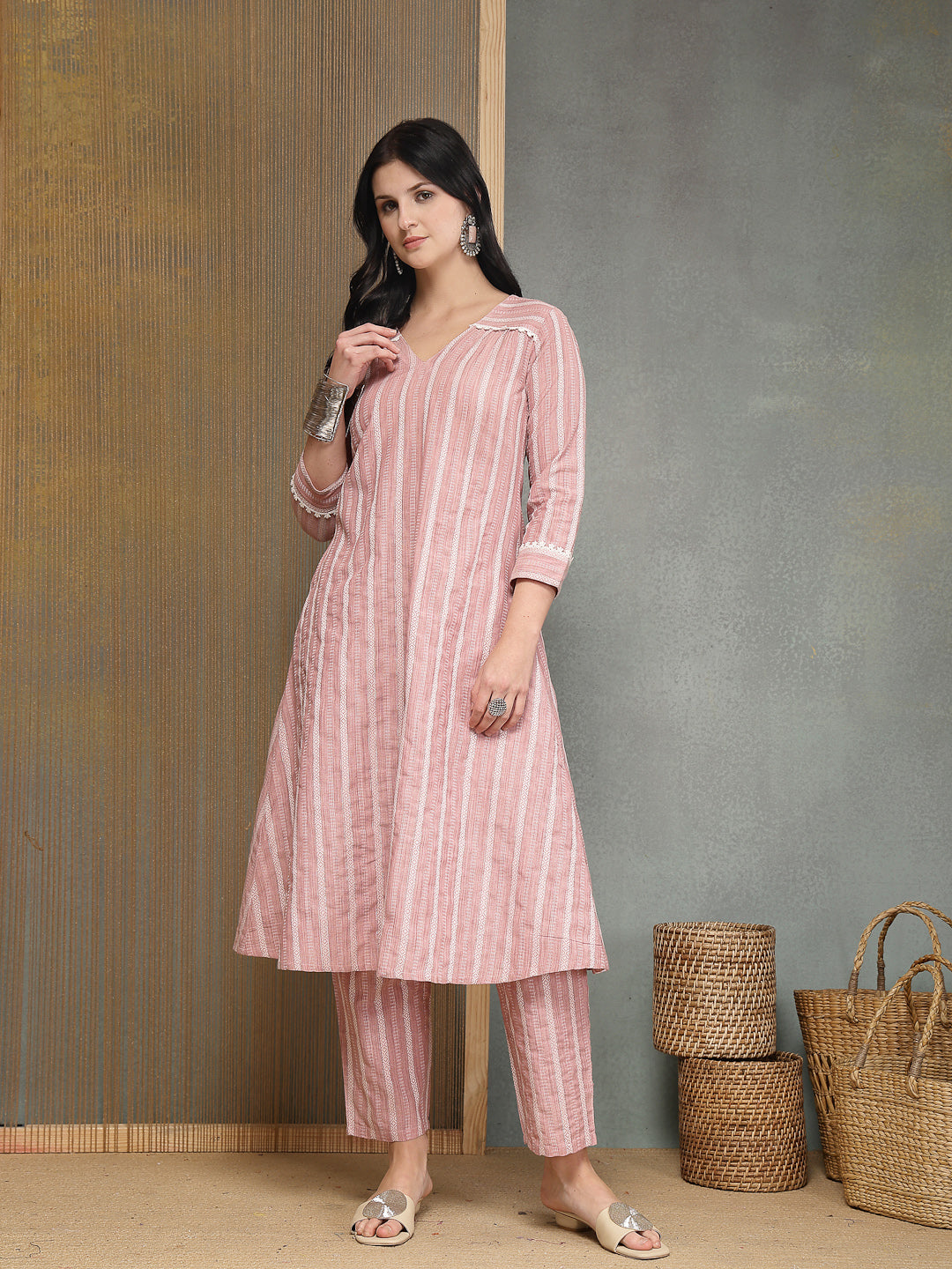 Stylum Women's Pink Striped Printed Katha Cotton A-Line Kurta Pant Set (KPPINKCAMLIN)