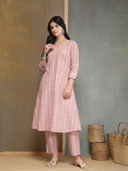 Stylum Women's Pink Striped Printed Katha Cotton A-Line Kurta Pant Set (KPPINKCAMLIN)