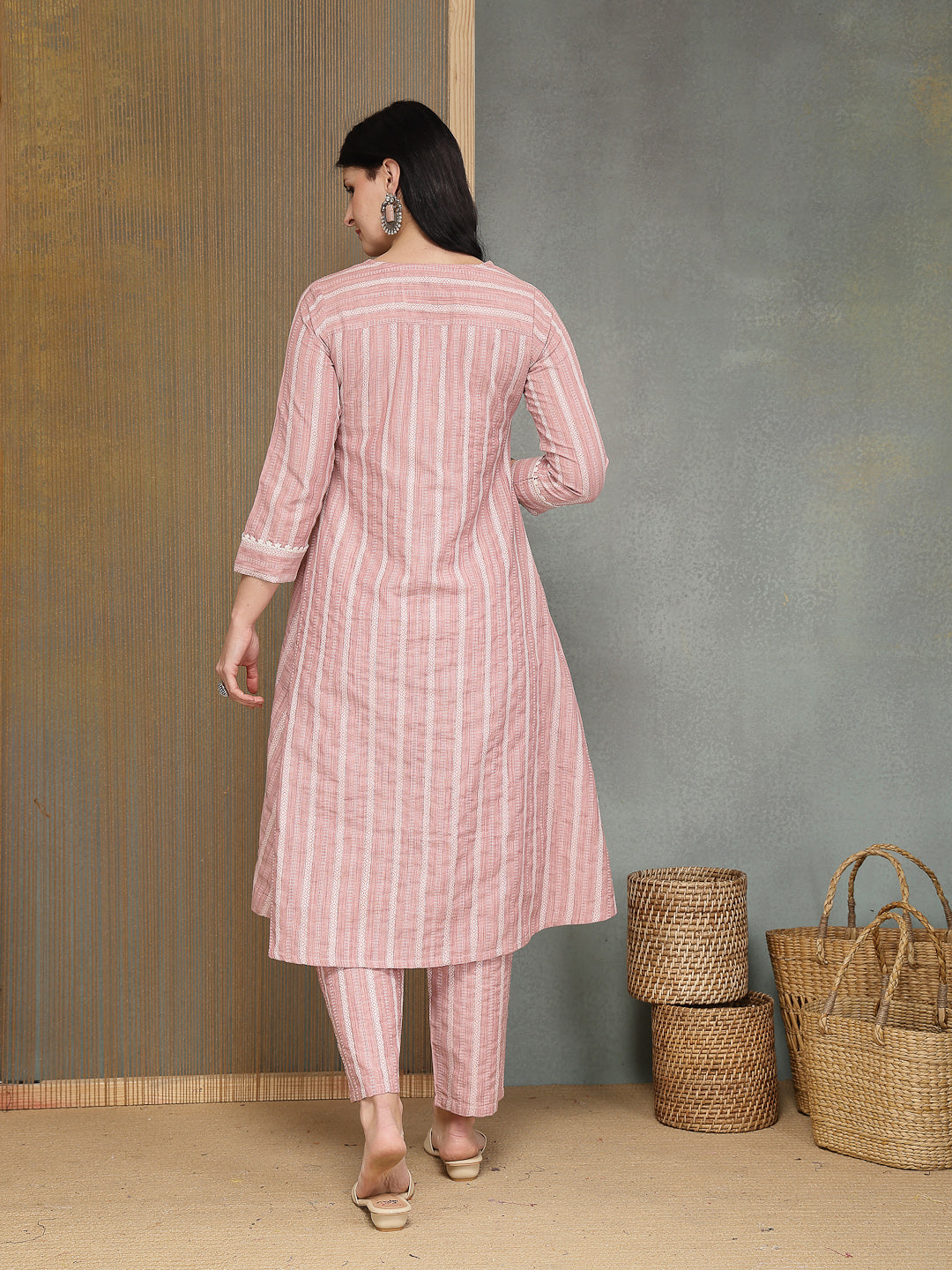 Stylum Women's Pink Striped Printed Katha Cotton A-Line Kurta Pant Set (KPPINKCAMLIN)