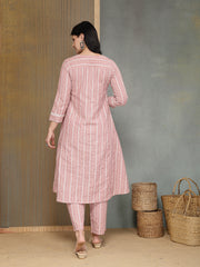Stylum Women's Pink Striped Printed Katha Cotton A-Line Kurta Pant Set (KPPINKCAMLIN)