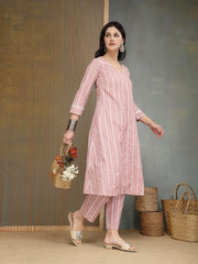Stylum Women's Pink Striped Printed Katha Cotton A-Line Kurta Pant Set (KPPINKCAMLIN)