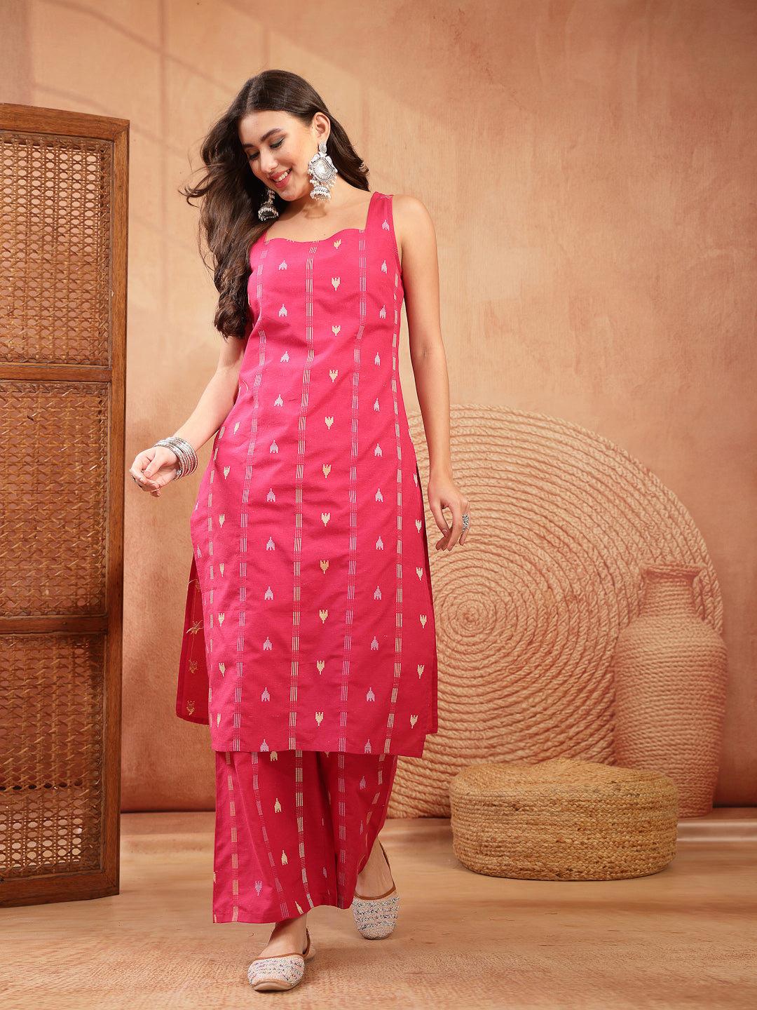 Women's Pink Woven Design Cotton Straight Kurta Palazzo Set (KPPINKMAT