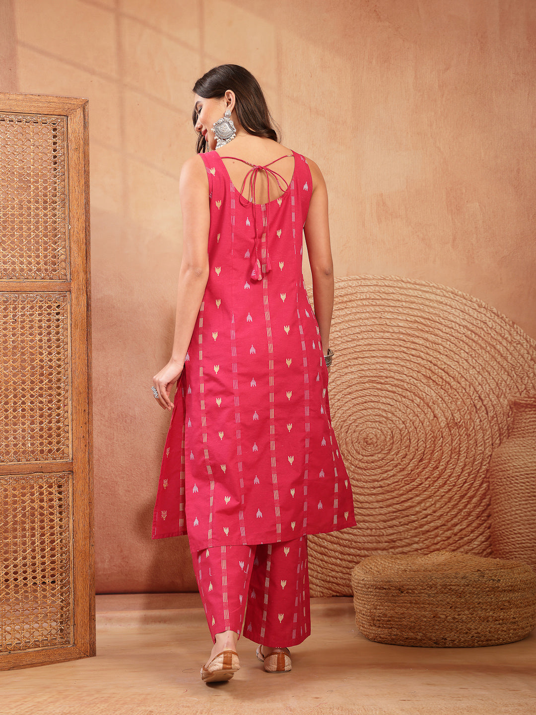 Women's Pink Woven Design Cotton Straight Kurta Palazzo Set (KPPINKMAT