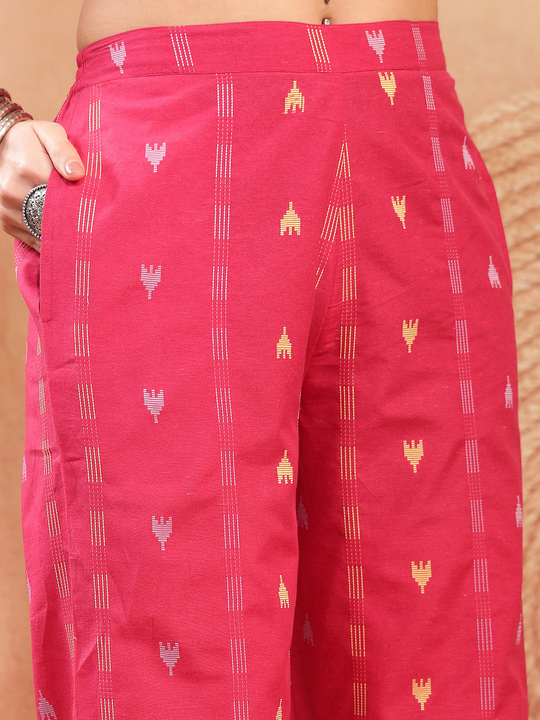 Women's Pink Woven Design Cotton Straight Kurta Palazzo Set (KPPINKMAT