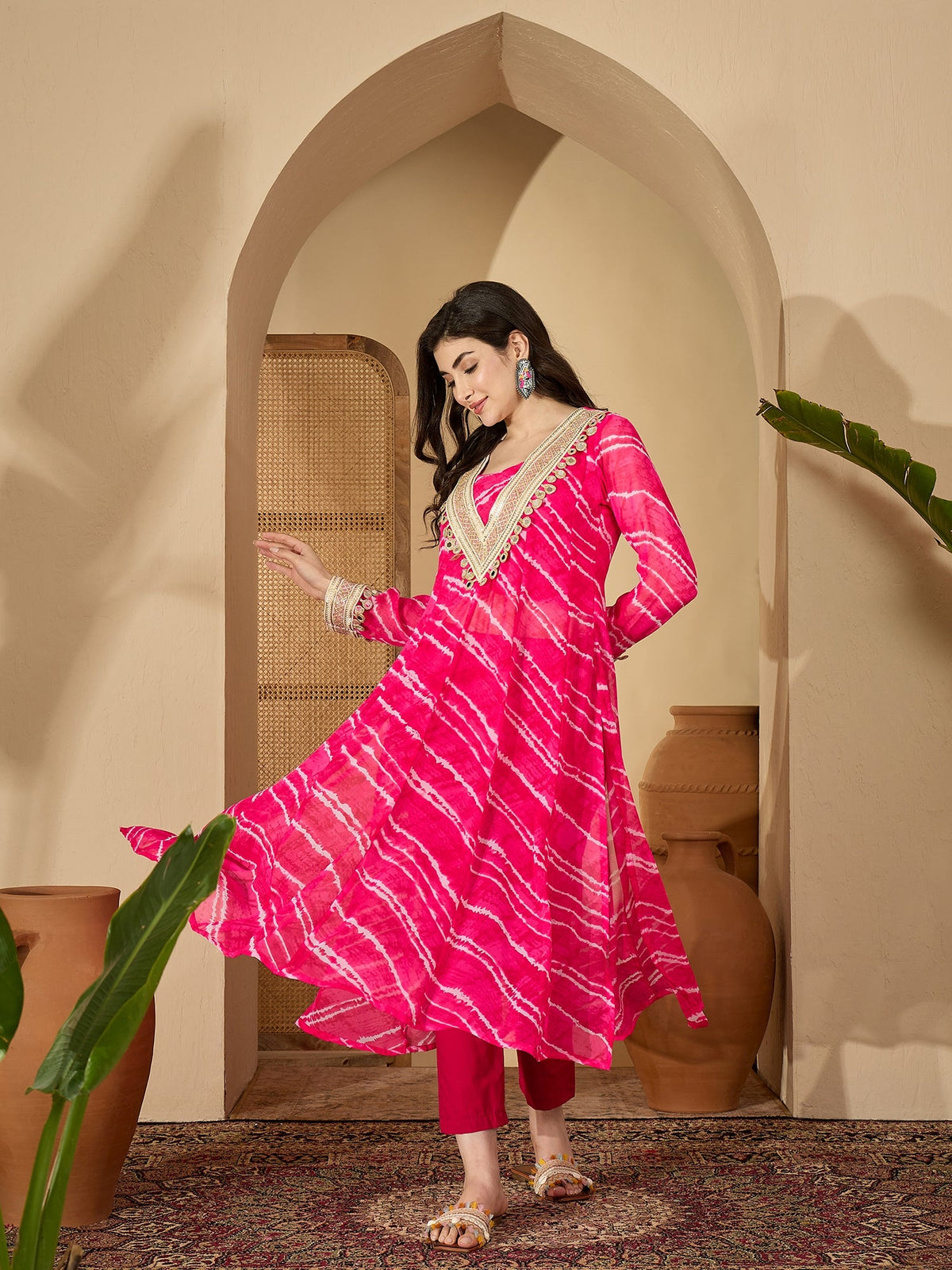Stylum Women's Pink Leheriya Printed & Embroidered Georgette A-Line Kurta Pant Set (KPPINKMOHALI)