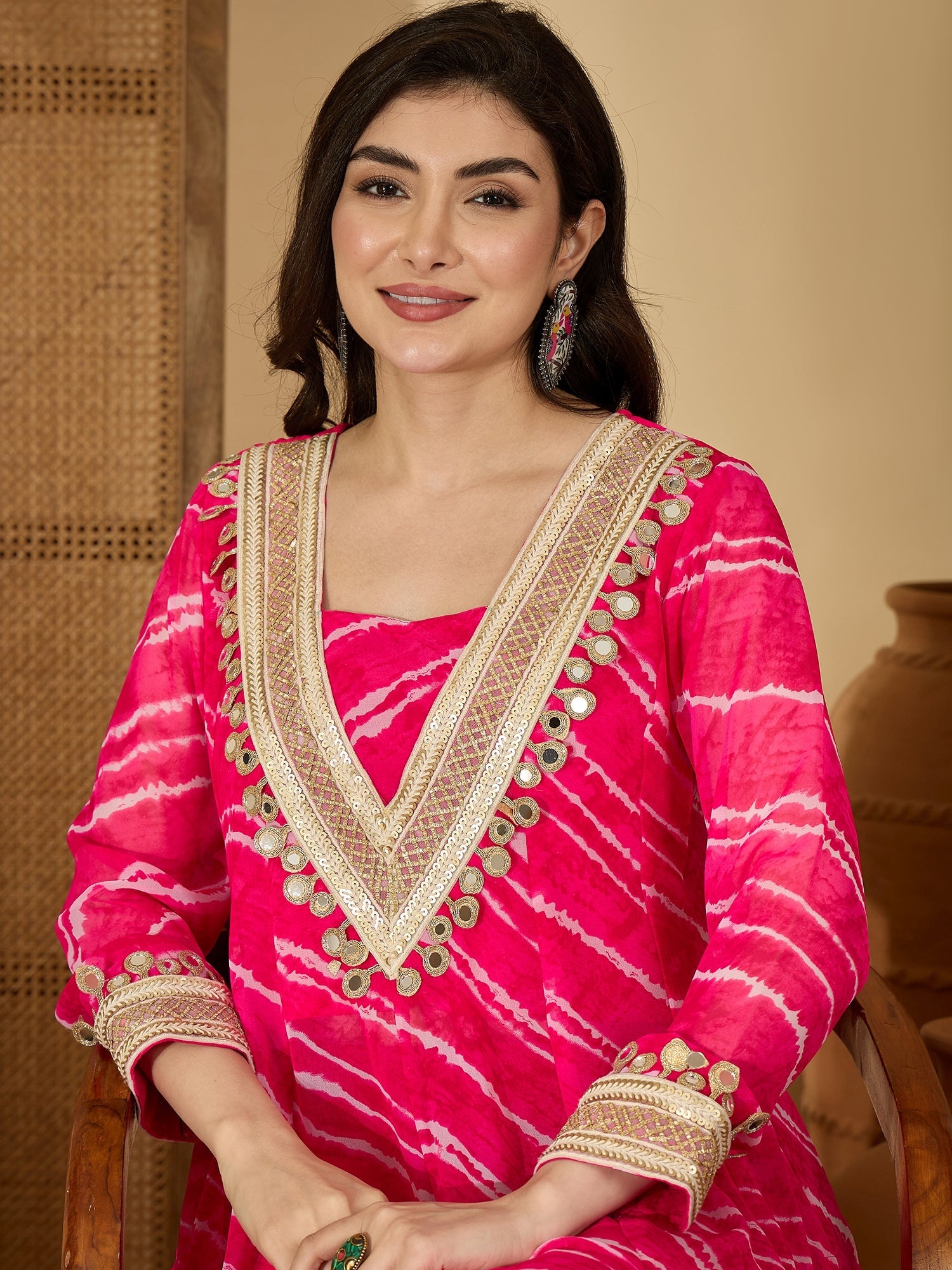 Women's Pink Leheriya Printed & Embroidered Georgette A-Line Kurta Pan