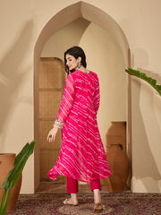 Stylum Women's Pink Leheriya Printed & Embroidered Georgette A-Line Kurta Pant Set (KPPINKMOHALI)