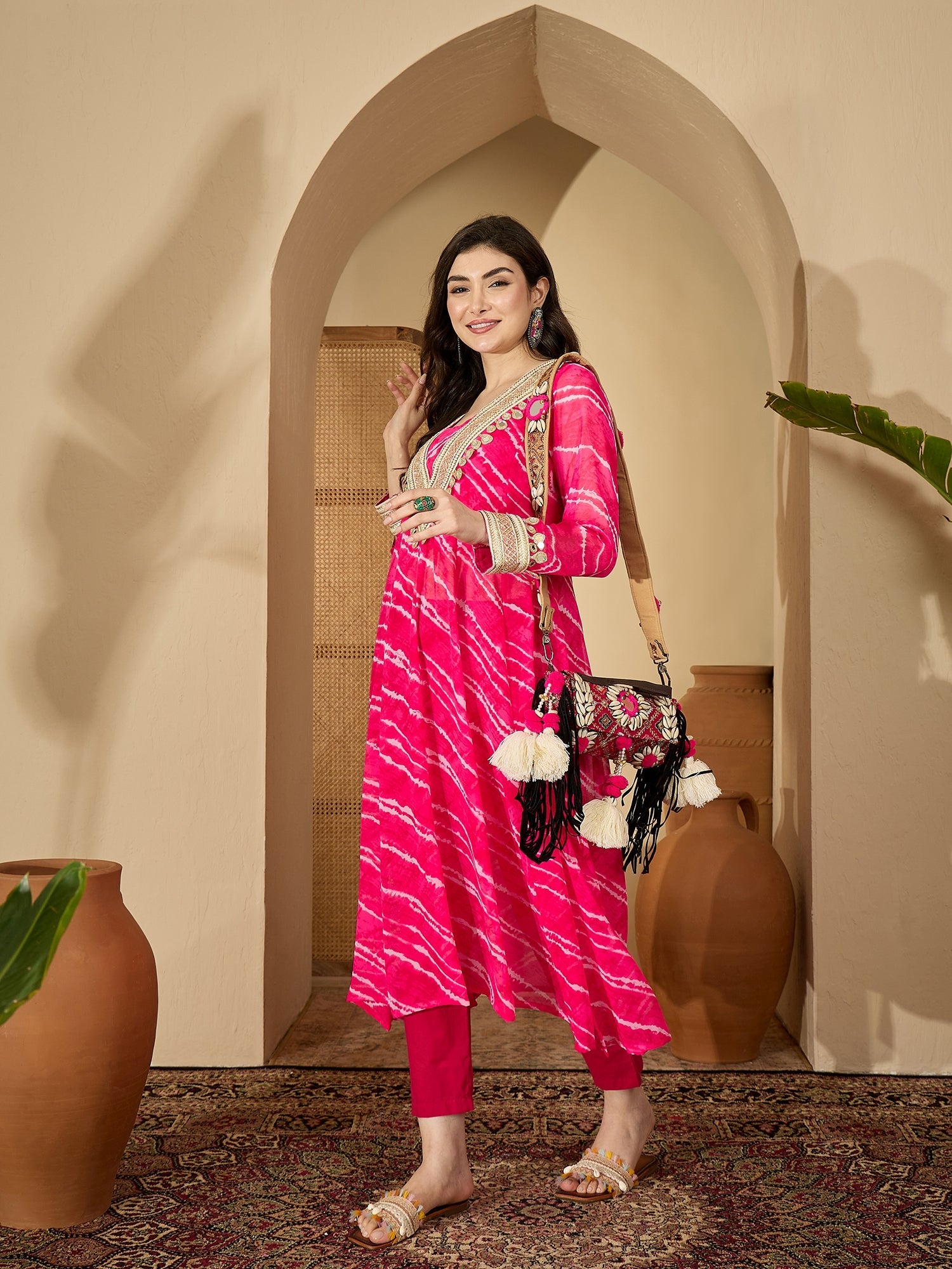 Women's Pink Leheriya Printed & Embroidered Georgette A-Line Kurta Pan