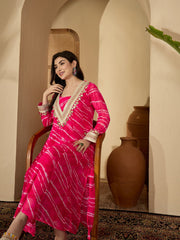 Stylum Women's Pink Leheriya Printed & Embroidered Georgette A-Line Kurta Pant Set (KPPINKMOHALI)