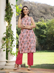 Stylum Women's Pink Floral Printed Cotton Straight Kurta Pant Set (KPPINKRUSK)
