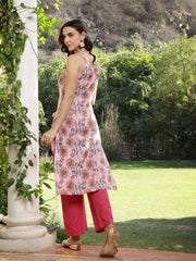Stylum Women's Pink Floral Printed Cotton Straight Kurta Pant Set (KPPINKRUSK)