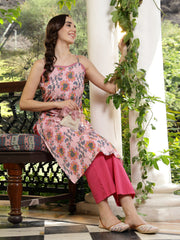 Stylum Women's Pink Floral Printed Cotton Straight Kurta Pant Set (KPPINKRUSK)