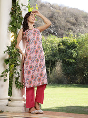 Stylum Women's Pink Floral Printed Cotton Straight Kurta Pant Set (KPPINKRUSK)