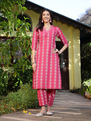 Stylum Women's Pink Woven Design Cotton Blend Straight Kurta Pant Set (KPPINKTAMKI)