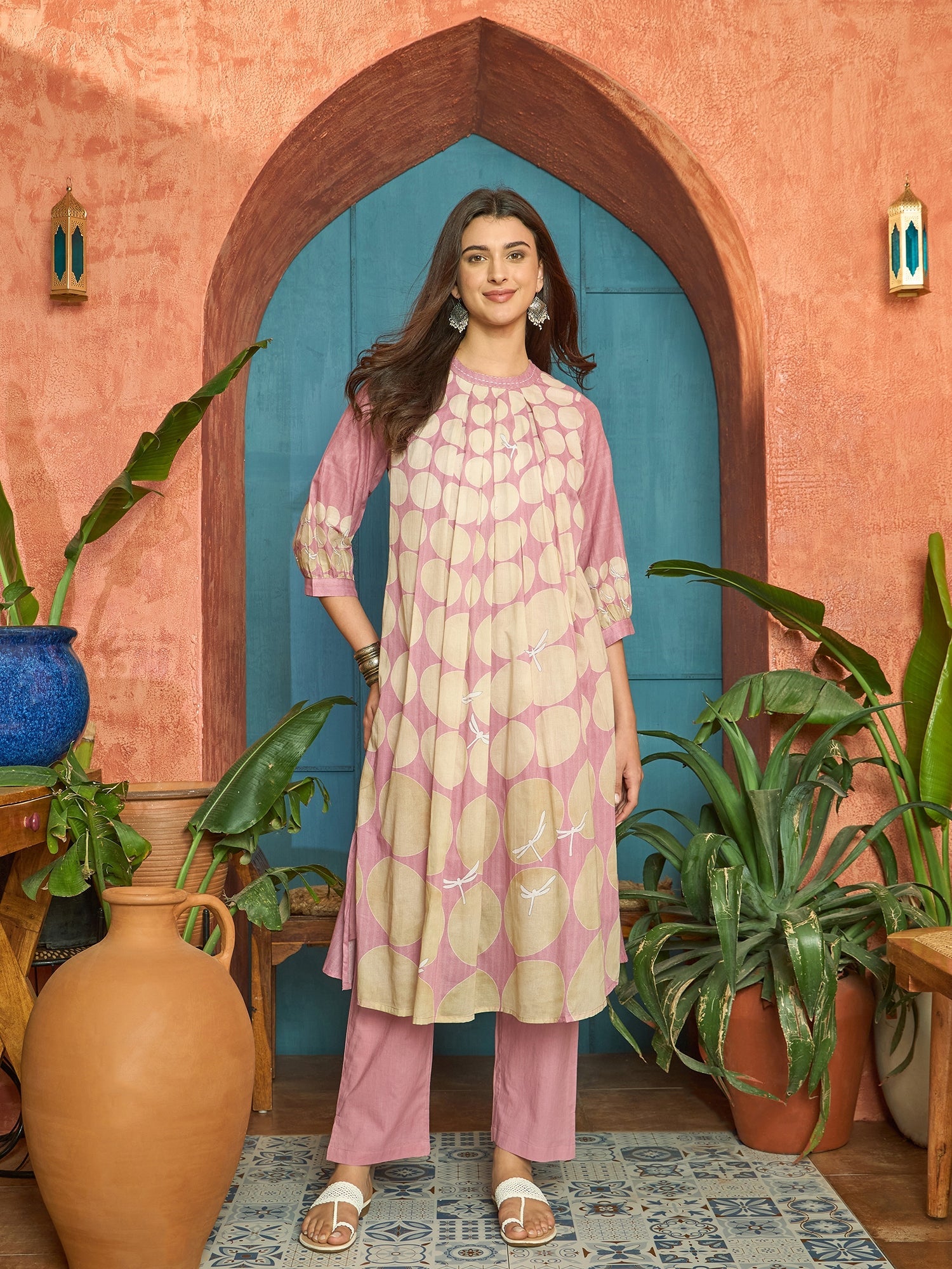 Women's Pink Polka Dots Printed Voile A-Line Kurta Pant Set (KPPINKVOK