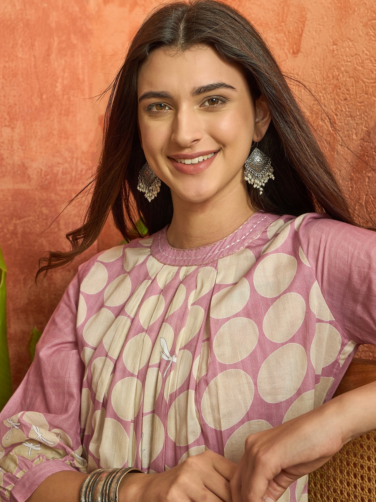 Women's Pink Polka Dots Printed Voile A-Line Kurta Pant Set (KPPINKVOK