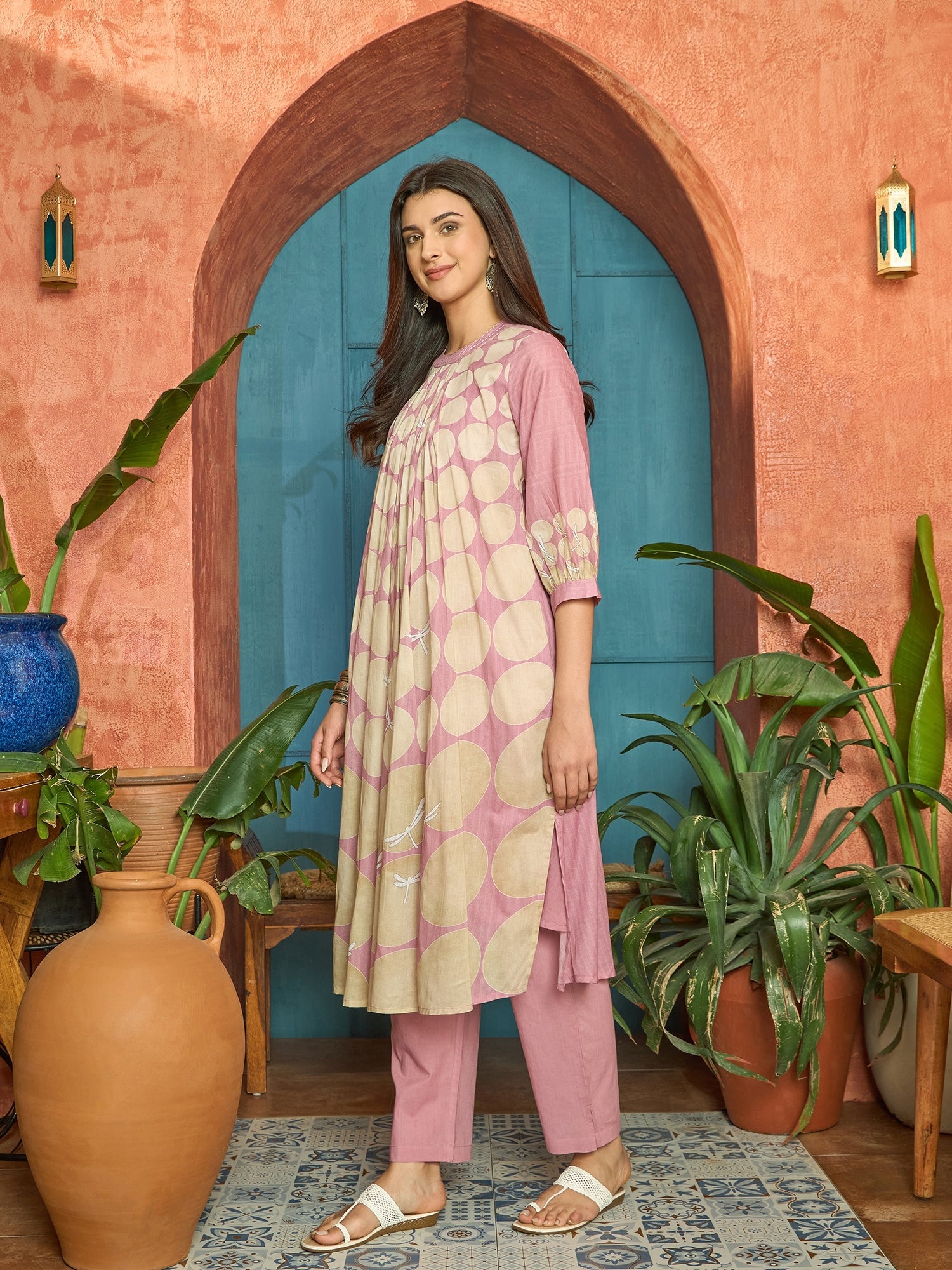 Women's Pink Polka Dots Printed Voile A-Line Kurta Pant Set (KPPINKVOK