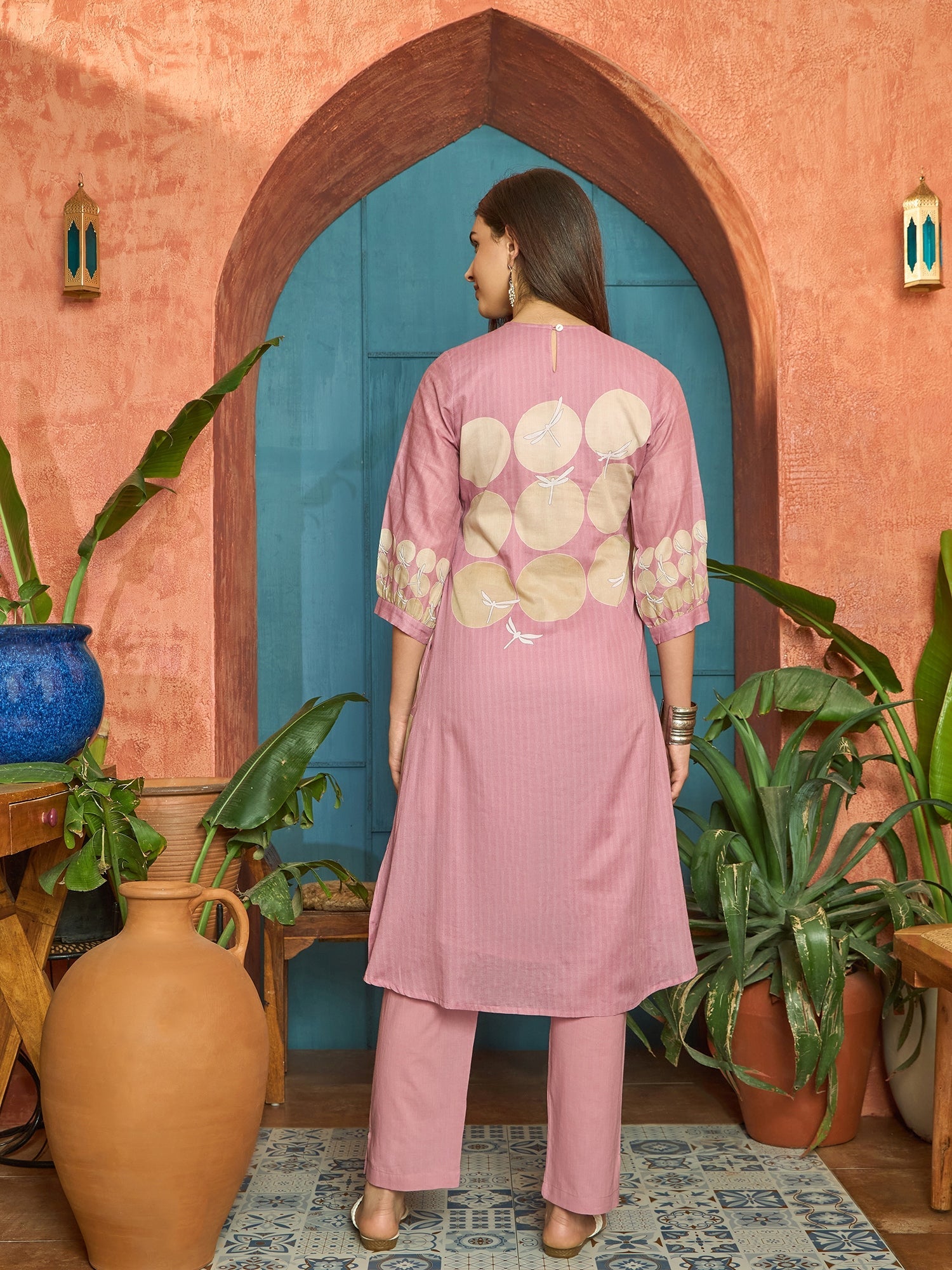 Women's Pink Polka Dots Printed Voile A-Line Kurta Pant Set (KPPINKVOK